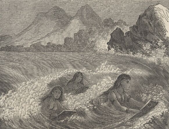 Three women sitting in the ocean holding books, with mountains in the background, in a black-and-white image titled "The Book of Mormon".