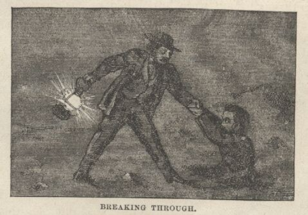 Ein Mann im Anzug und Hut hält die Hand eines Kindes, seine weit aufgerissenen Augen und der offene Mund deuten auf Eile hin, während das Kind ängstlich und unsicher nach oben schaut, mit der Aufschrift "Durchbruch" unten.