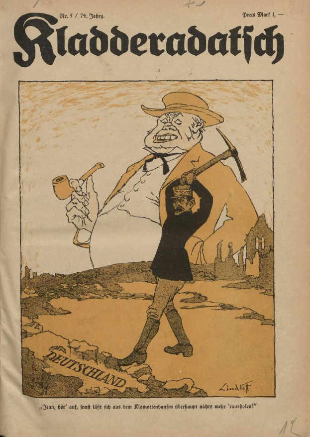 Old book cover with a cartoon illustration of a distressed man holding a hammer and pipe, and a woman in despair, titled "Death in Germany" in stylized text.