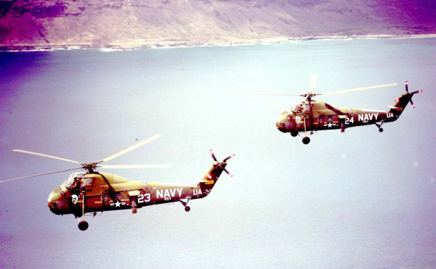 Zwei US-Navy-Militärhelikopter fliegen nebeneinander über das Meer mit einem Hügel im Hintergrund.