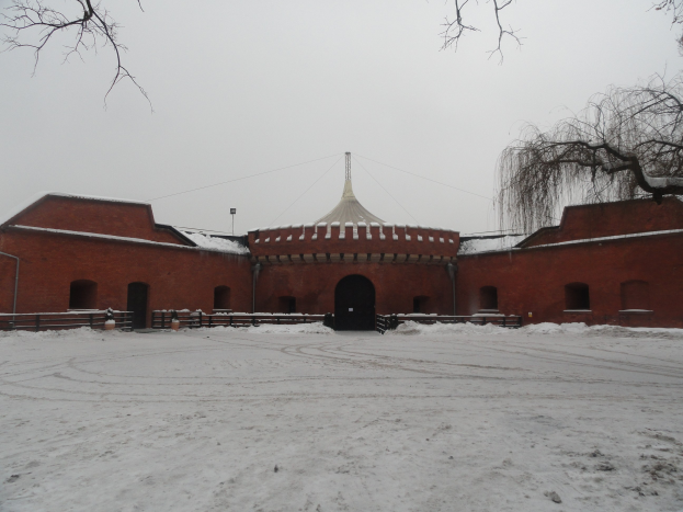 Großes Backsteingebäude mit Kuppel, umgeben von einem Zaun, im Schnee mit Zweigen auf der rechten Seite, als das Hauptgebäude des Kremls in Moskau, Russland identifiziert.