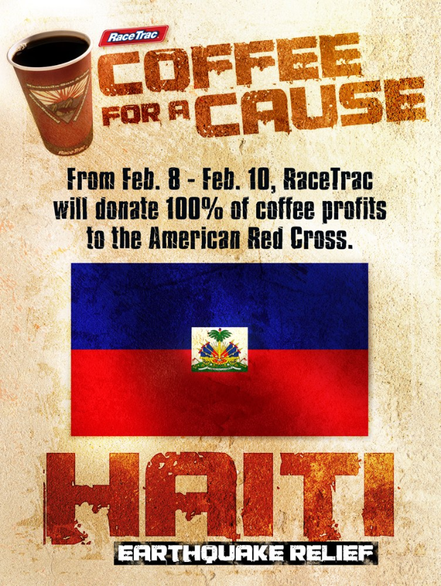 Plakat mit einer Tasse Kaffee in der Mitte, umgeben von der haitianischen Flagge, mit der Aufschrift "Coffee for a Cause Haiti Earthquake Relief".