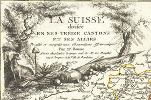 Ein Plakat mit einer Karte der Schweizer Landschaft mit Bäumen, Tieren und anderen Gegenständen sowie begleitendem Text.