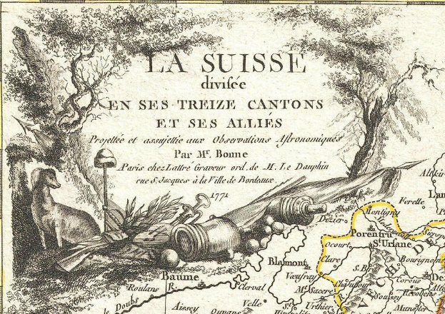 Ein Plakat mit einer Karte der Schweizer Landschaft mit Bäumen, Tieren und anderen Gegenständen sowie begleitendem Text.