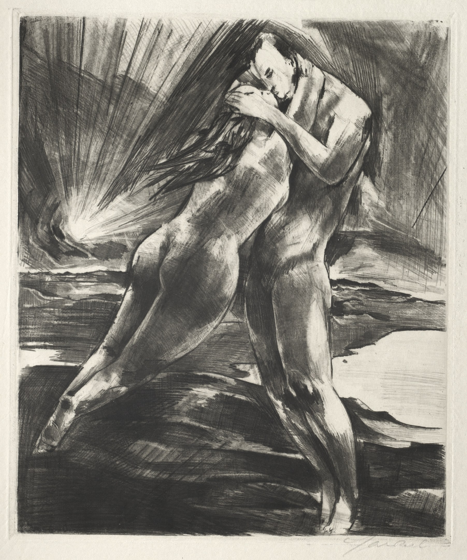 Schwarze und weiße Zeichnung eines Mannes und einer Frau, die sich umarmen, der Mann hat seinen Arm um die Taille der Frau gelegt, ihr Kopf ruht auf seiner Schulter, beide haben friedliche Gesichter.