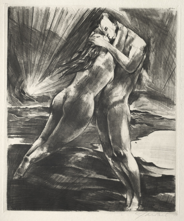 Schwarze und weiße Zeichnung eines Mannes und einer Frau, die sich umarmen, der Mann hat seinen Arm um die Taille der Frau gelegt, ihr Kopf ruht auf seiner Schulter, beide haben friedliche Gesichter.