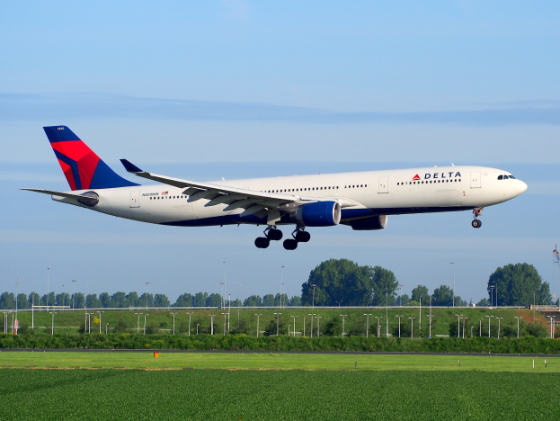 Delta Air Lines Boeing 787-9 Dreamliner beim Abheben vom Frankfurt Airport, mit grünem Gras darunter, Laternen und Bäumen im Hintergrund und einem Turm auf der rechten Seite unter einem bewölkten Himmel.