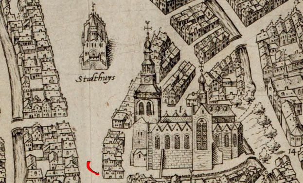 A detailed old map of the city of Stadthuys with a red arrow pointing to it, featuring illustrations of buildings and text.