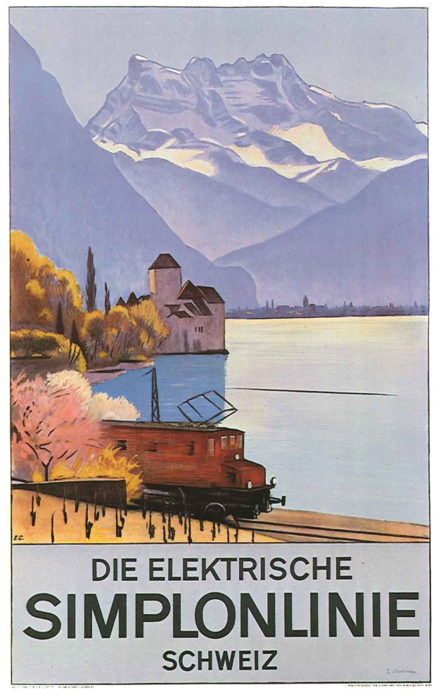 Schweizer Bahnen-Plakat zeigt Zug auf Schienen neben einem See mit Bäumen, einem Gebäude und Bergen im Hintergrund.