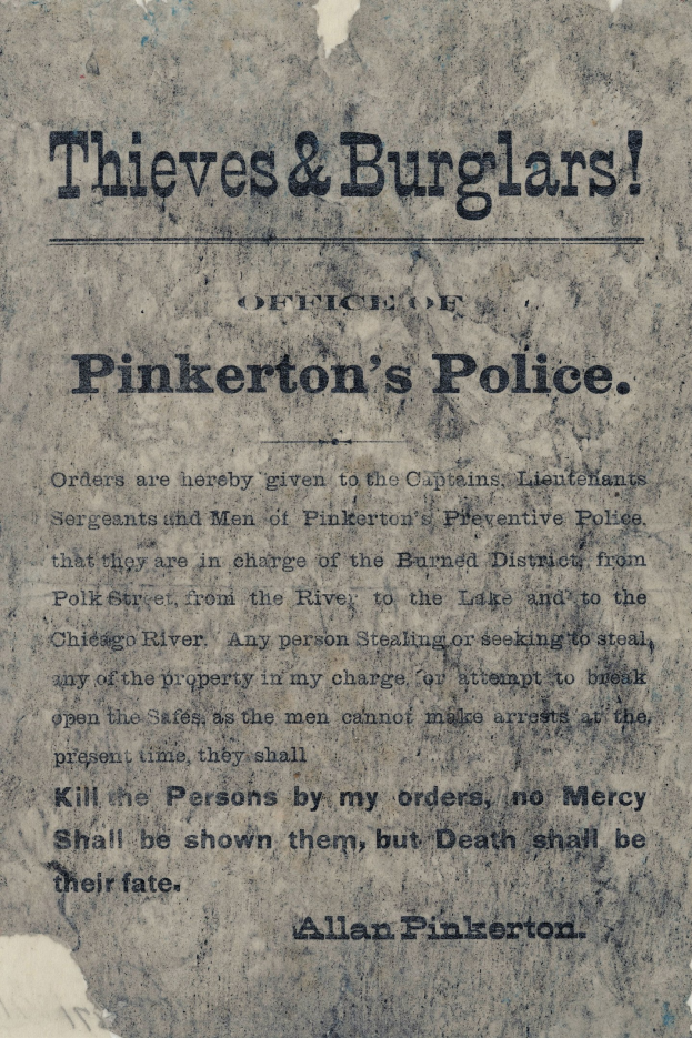 Plakat mit fettem schwarzem Text "Diebe & Einbrecher Pinkertons Polizei" auf weißem Hintergrund, eingerahmt von einem schmalen schwarzen Rand.