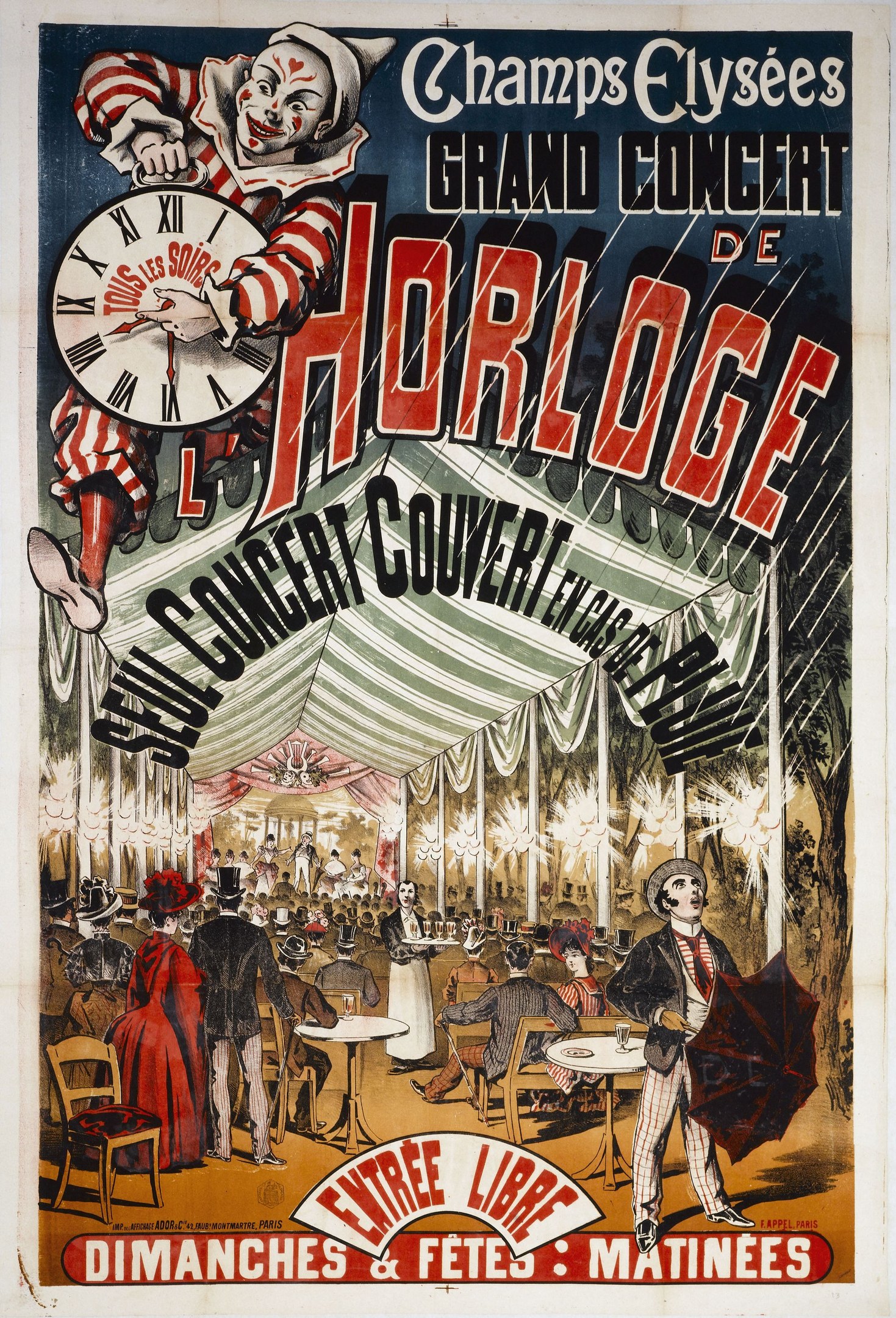Plakat für ein Horloge-Konzert auf den Champs-Élysées mit einer Gruppe von Menschen, einige sitzen und einige stehen, mit einer Person, die einen Schirm hält, in der Mitte und einer Uhr im Hintergrund.