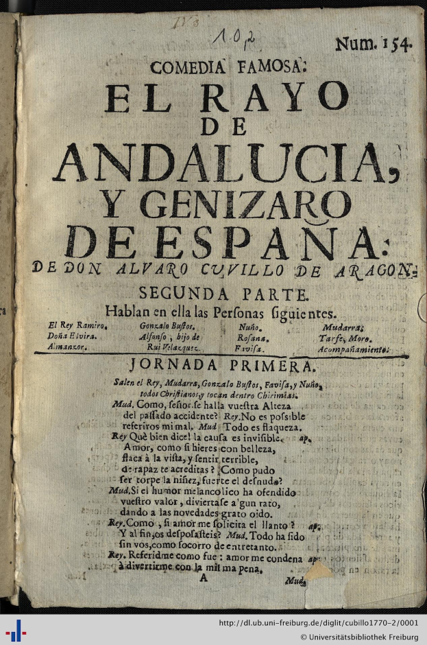 Offenes Buch mit dem Titel 'El Rayo de Andalucia y Genizar de España' in fetter schwarzer Schrift auf leicht gelblichen Seiten, wahrscheinlich eine Sammlung von Komödien.