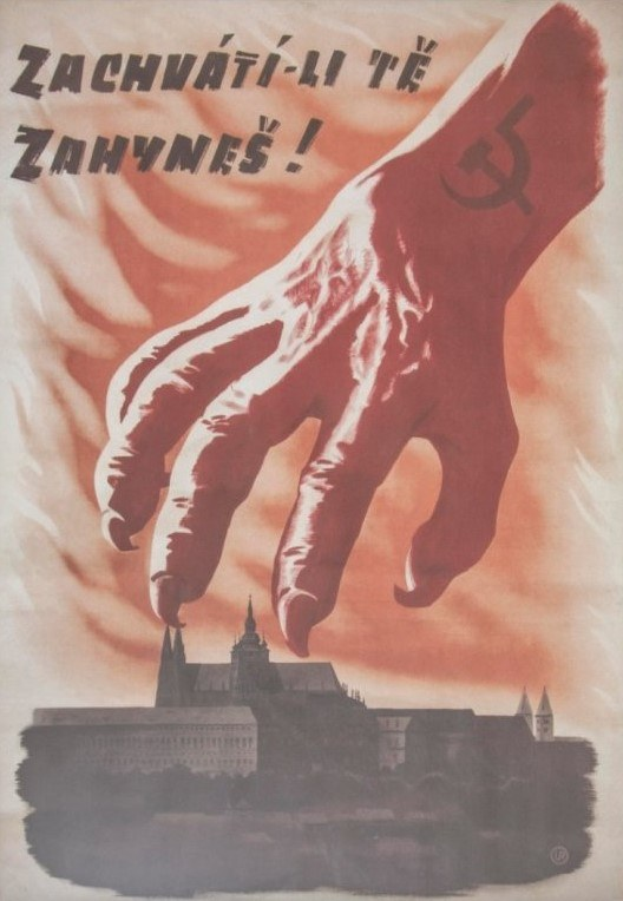 Soviet propaganda poster featuring a hand holding a hammer and sickle reaching toward a building, with the text "Zachvati-li te zanynes" across the top.