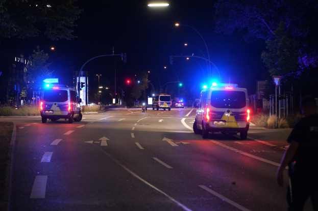 Ein Polizeiwagen fährt nachts eine Straße entlang, mit einer Person auf der rechten Seite, umgeben von Bäumen, Pfählen, Brettern, Pflanzen und Gebäuden, unter Straßenlaternen mit dem Himmel im Hintergrund.