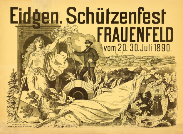 Plakat zum Eidgen Schützenfest in Frauenfeld, Deutschland, das einen Mann im Anzug und eine Frau in einem Kleid zeigt, die nebeneinanderstehen, sowie Texte mit Veranstaltungdetails.