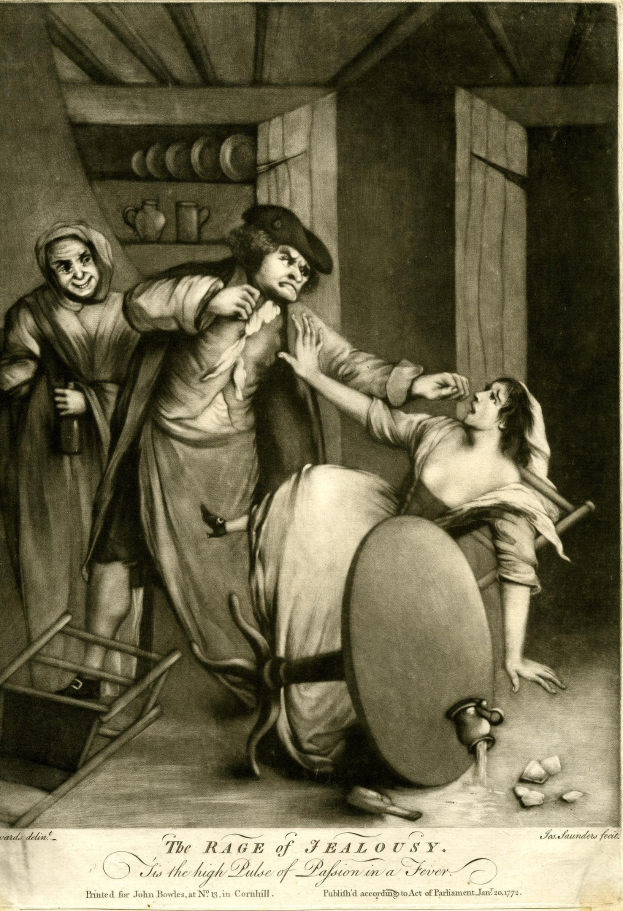 Schwarz-weiß-Zeichnung eines Mannes und einer Frau, die sich an den Händen halten, in einem Raum mit einem Stuhl im Vordergrund und einer Tür im Hintergrund, mit der Beschriftung "Die Wut der Eifersucht" unten.