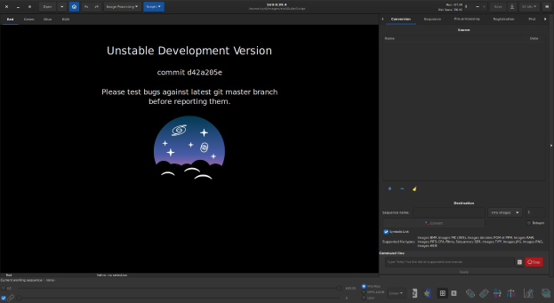 Screenshot eines Computerbildschirms, der "instabile Entwicklungsversion" in fetter weißer Schrift auf schwarzem Hintergrund anzeigt, mit "unaufhaltsamer Entwicklung" in hellblau hervorgehoben, neben Symbolen für eine Suchleiste, Dropdown-Menü und Fortschrittsbalken.