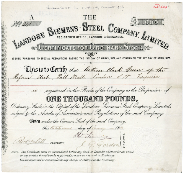 Certificate for Ordinary Stock issued by Landore Siemens Steel Company Limited, a paper document with printed text including the company's name and address.