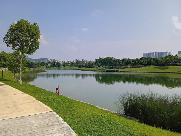 Holzterrasse, die zu einem von Grünflächen, Bäumen, Gebäuden und einem klaren blauen Himmel umgebenen See führt.