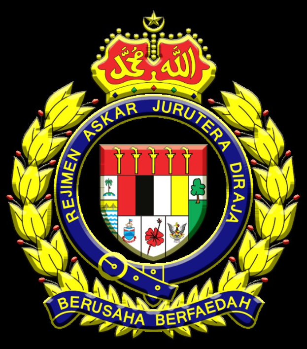 Indonesisches Regierungslogo mit einem blauen Schild mit einem weißen Stern, einem roten und gelben Banner mit der Aufschrift 'Jurutera Diraja', einem Lorbeerkranz und einer Krone.