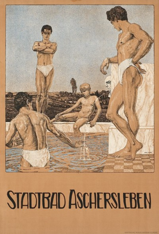 Eine Gruppe von Menschen, die im Wasser steht und eine Person, die im Schwimmbad sitzt, mit Text, der Informationen über das Schwimmbad in Aschersleben, Deutschland, bereitstellt.