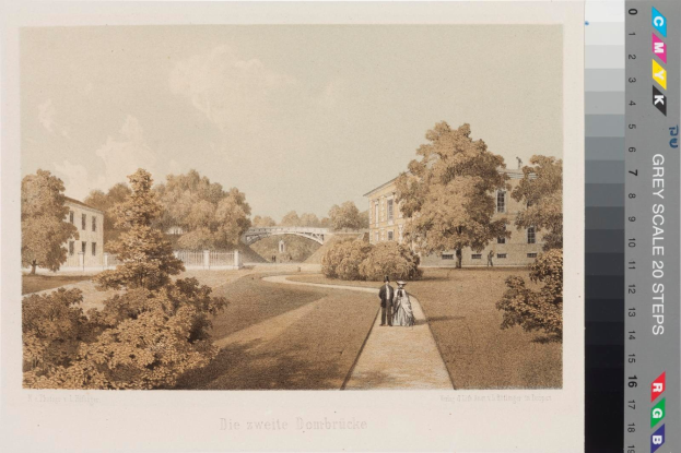 A drawing of a park with people walking, surrounded by trees, buildings, a bridge, and a cloudy sky, with the text "Die zweite Dombrücke in Düsseldorf" at the bottom.