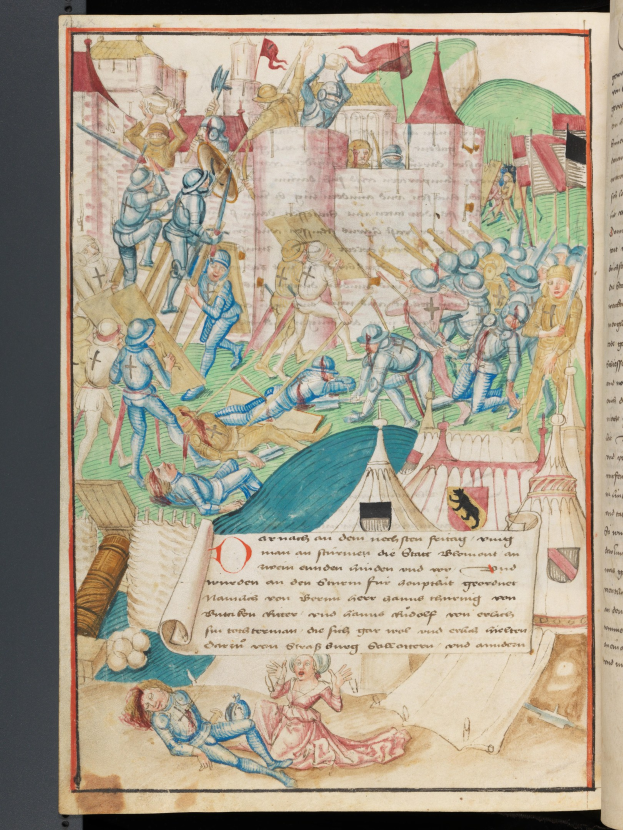 Offenes Buch mit einer mittelalterlichen Schlachtenszene-Illustration, die gepanzerte Kämpfer mit Schwertern und Schilden vor einem untergehenden Himmel zeigt, begleitet von verzierten Text.