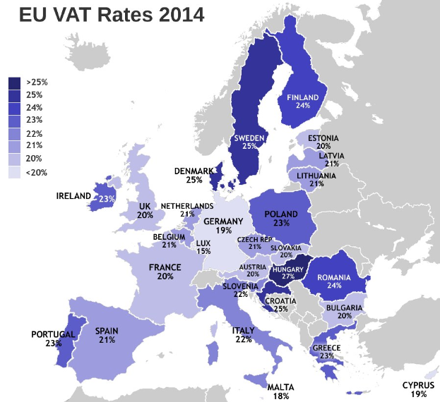 Eine Karte von Europa, die die EU-Mehrwertsteuersätze für 2014 mit Prozentangaben und Textannotationen zeigt.