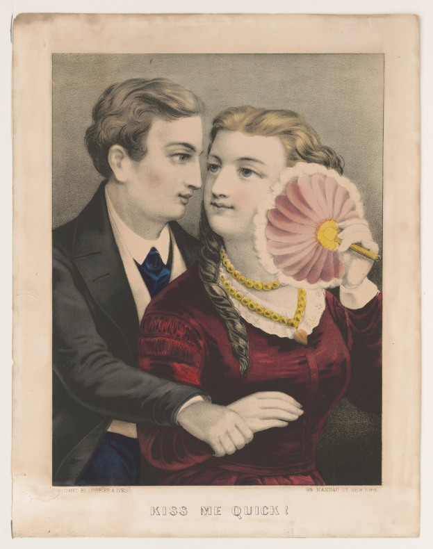 Ein Mann und eine Frau in einer romantischen Umarmung, die Frau hält eine Blume, mit dem Text "Küss mich schnell" unten.