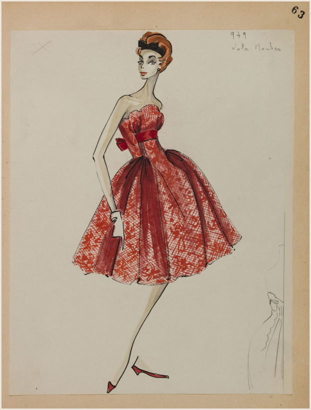 Eine Zeichnung einer Frau in einem roten 1950er-Jola-Moules-Kleid mit einem eng anliegenden Oberteil, einem langen, knielangen Rock und einer klassischen Hochsteckfrisur, die selbstbewusst posiert und dezent geschminkt ist.