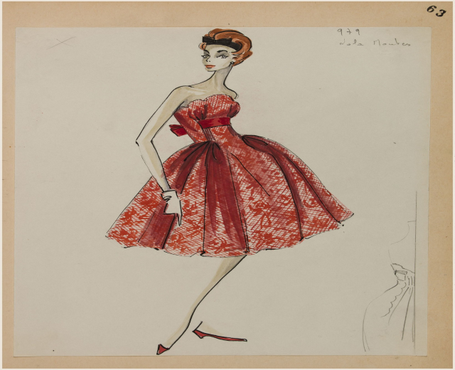 Eine Zeichnung einer Frau in einem roten 1950er-Jola-Moules-Kleid mit einem eng anliegenden Oberteil, einem langen, knielangen Rock und einer klassischen Hochsteckfrisur, die selbstbewusst posiert und dezent geschminkt ist.