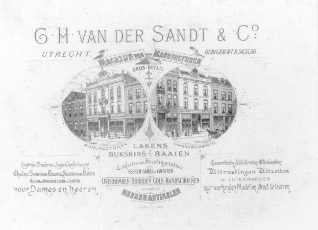 Vintage-Werbung für G.H. Van der Sandt & Co. mit einem zentralen Bild eines Gebäudes umgeben von Text.