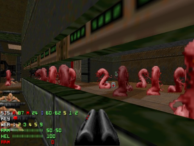 Animierter Screenshot aus *Doom II* mit mehreren Zombies in einem Raum, einer Waffe unten und Spielstatistiken links.