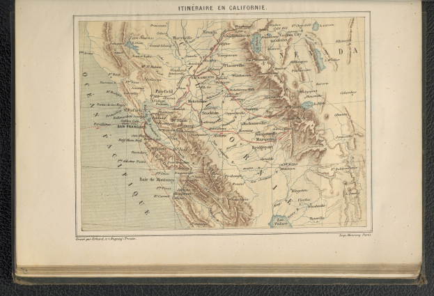 Ein altes Buch mit einer detaillierten Karte von Kalifornien, die Städte, Flüsse und geografische Merkmale zeigt, begleitet von Text, der Orte und Gewässer benennt.