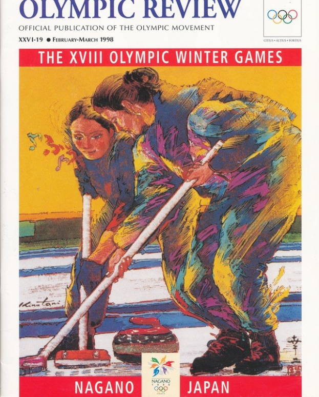 Plakat für die Olympischen Winterspiele 1988 in Nagano, Japan, das zwei Menschen beim Curling zeigt, mit dem Text "Olympische Zusammenfassung: Die XVIII. Olympischen Winterspiele" oben.