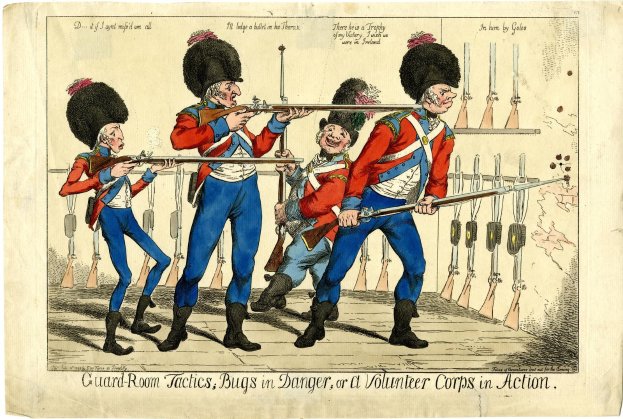 Eine Karikatur eines Wachraum mit bewaffneten Uniformierten, beschriftet mit 'Wachraum-Taktik, Käfer in Gefahr oder ein Freiwilligenkorps in Aktion.'