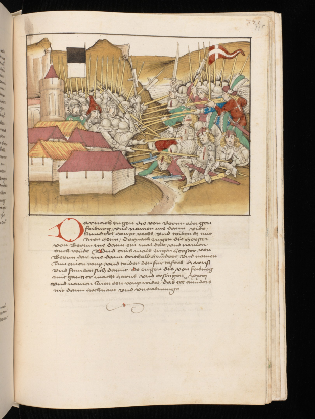 Offenes Buch mit mittelalterlicher Schlachtillustration auf einer bunten, chaotischen Seite.