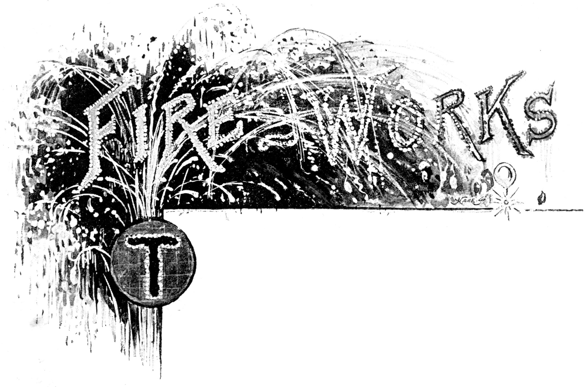 Eine Schwarz-Weiß-Zeichnung von Feuerwerk mit dem Wort 'Feuerwerk' darauf vor einem weißen Hintergrund.