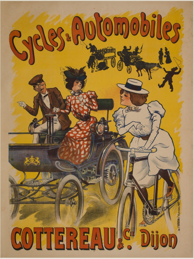 Ein Vintage-Plakat, das Fahrräder und Automobile in Cottereau und Dijon, Frankreich, bewirbt, mit Menschen, die Fahrräder fahren und eine Kutsche mit dem Text "Fahrräder und Automobile" oben.