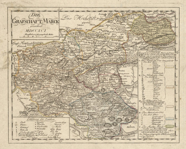 Ein detailliertes Vintage-Karte von München, Deutschland, mit Straßen, Parks, Flüssen und Sehenswürdigkeiten, umrahmt von einem dekorativen Rand in Blau-, Grün- und Gelbtönen.
