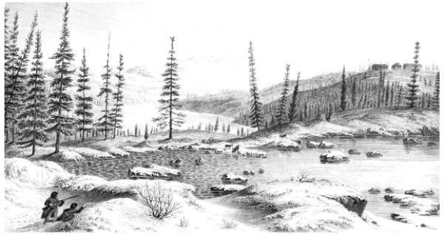 Schwarze und weiße Zeichnung eines Mannes, der an einem Fluss voller Bäume, Pflanzen, Felsen und einem Hügel angelt, mit der Beschriftung "Der kanadische Fluss im 18. Jahrhundert" unten.