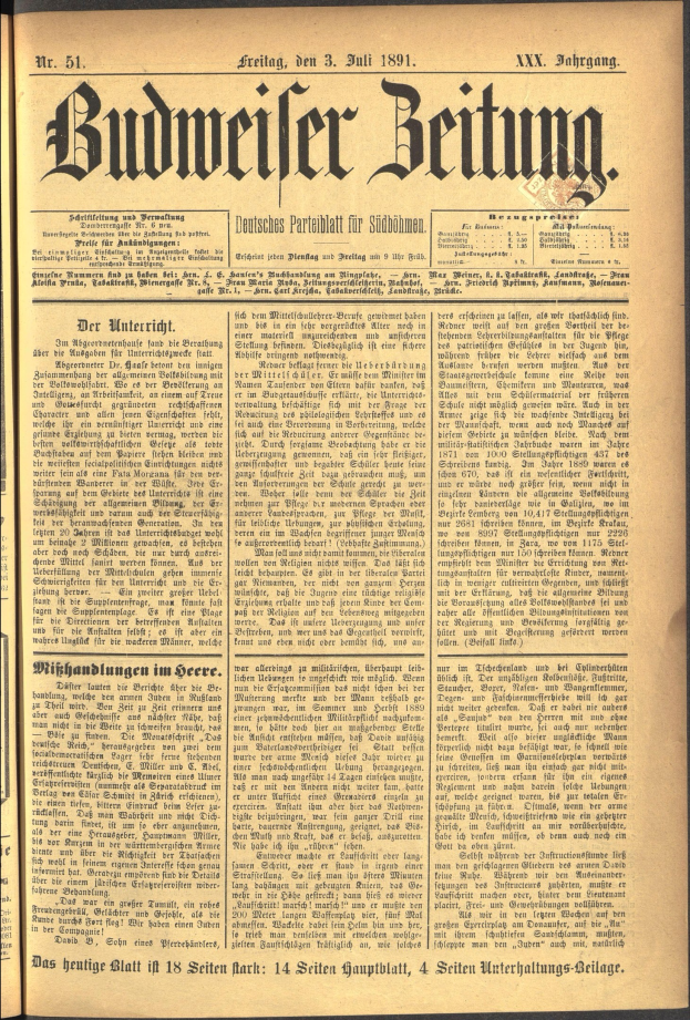 Alte Zeitung mit der Schlagzeile "Budweiser Wetten" auf vergilbten Seiten und fettem schwarzen Druck.