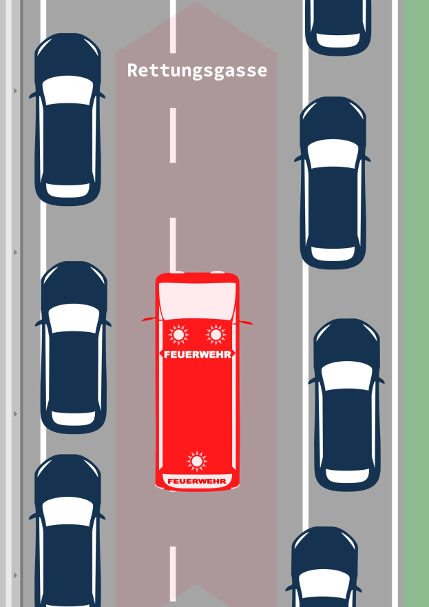 Red car with "Rettungsgasse" text driving on a street surrounded by other vehicles.