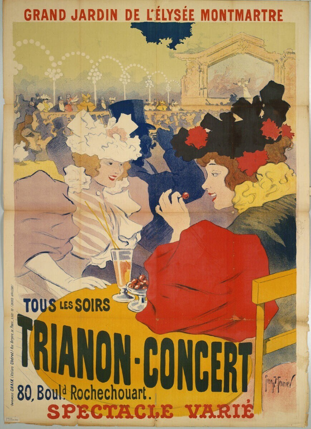 Plakat, das ein Trianon-Konzert im Grand Jardin de L'Elysée Montmartre ankündigt, das eine Gruppe von Menschen zeigt, die um einen Tisch mit Gläsern und Gegenständen sitzen oder stehen, begleitet von Text.