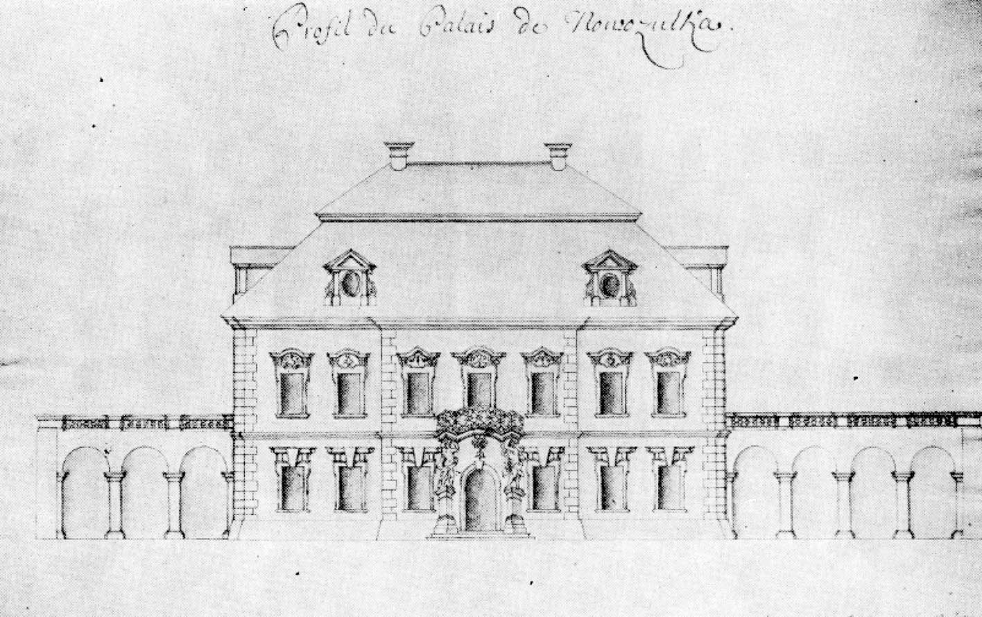 Black and white architectural drawing of a building facade with many windows and arches, labeled as the Galais de Nouveau-ulha in 1812.