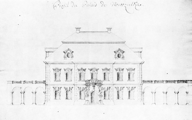 Black and white architectural drawing of a building facade with many windows and arches, labeled as the Galais de Nouveau-ulha in 1812.