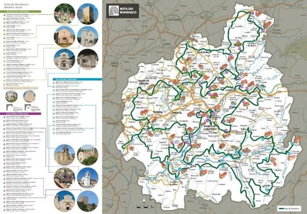 Ein detailliertes Plakat von Portugal mit einer Karte, die Straßen und Sehenswürdigkeiten zeigt, begleitet von Bildern von Gebäuden und Text, der Städte, Ortschaften und Sehenswürdigkeiten beschreibt.