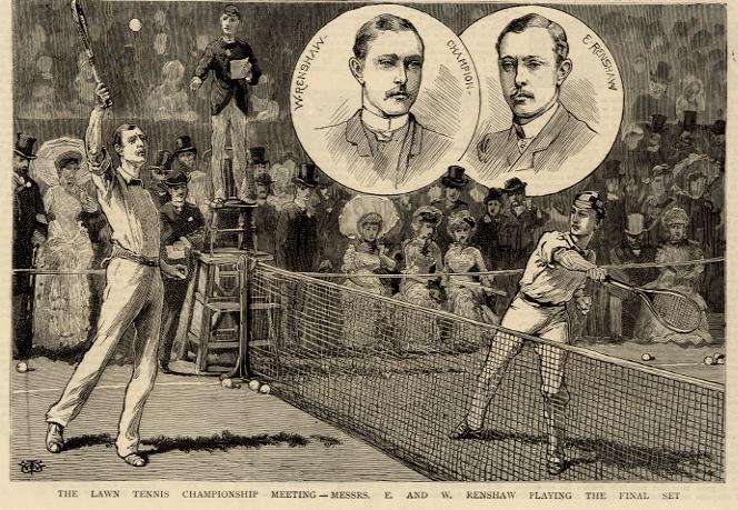Schwarze und weiße Zeichnung von zwei Männern, die auf einem Court mit einem Netz Tennis spielen, während eine Gruppe von Menschen im Hintergrund zuschaut; Text unten lautet "The Lawn Tennis Championship Meeting - Messers, E und W Renshaw spielen das entscheidende Satz."