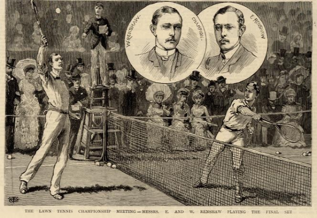 Schwarze und weiße Zeichnung von zwei Männern, die auf einem Court mit einem Netz Tennis spielen, während eine Gruppe von Menschen im Hintergrund zuschaut; Text unten lautet "The Lawn Tennis Championship Meeting - Messers, E und W Renshaw spielen das entscheidende Satz."