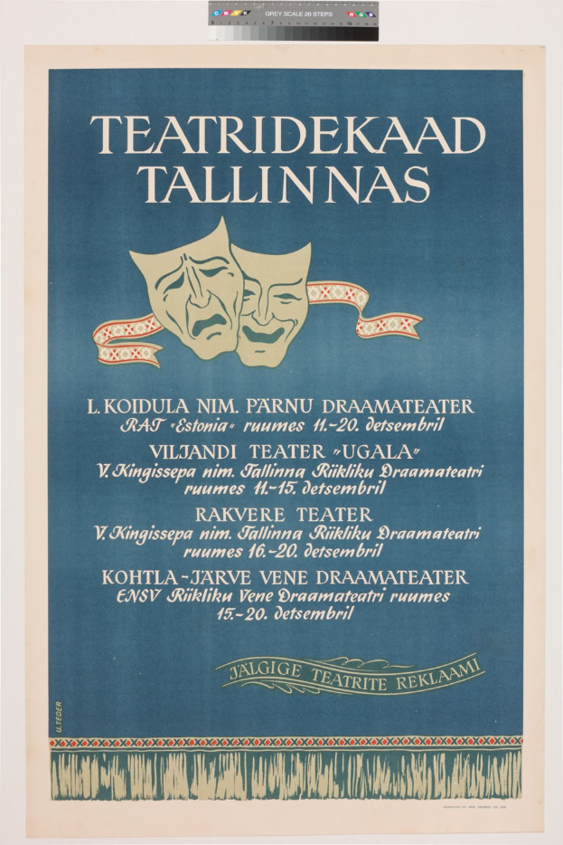 Plakat für "Teatridekaad Tallinnas" mit weißem Hintergrund, schwarzem Rand, fetter schwarzer Schrift, Abbildungen eines Mannes im Anzug, einer Frau in einem Kleid und einer Stadt Silhouette.